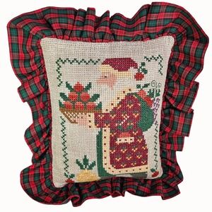 Prairie Schooler Santa 1991 Cross Stitch COMPLETED Pillow Christmas Stitching